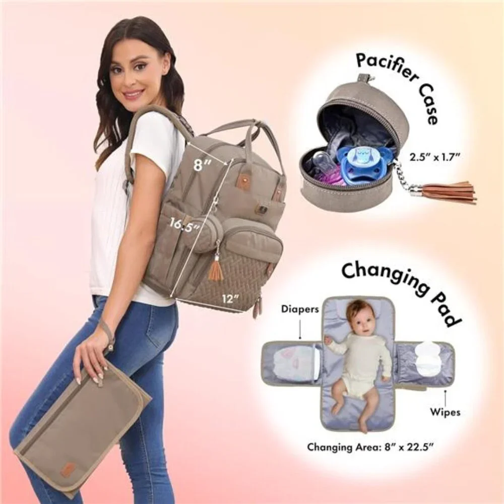 Unisex Polyester Diaper Backpack Daypack with Portable Changing Pad, Khaki